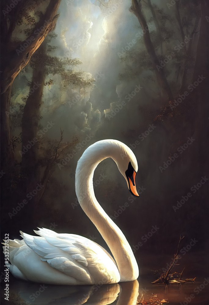 Illustration of a calm natur scene with a beautiful white swan in the lake, dramatic lighting of this beautiful ethereal, graceful bird.  - obrazy, fototapety, plakaty 