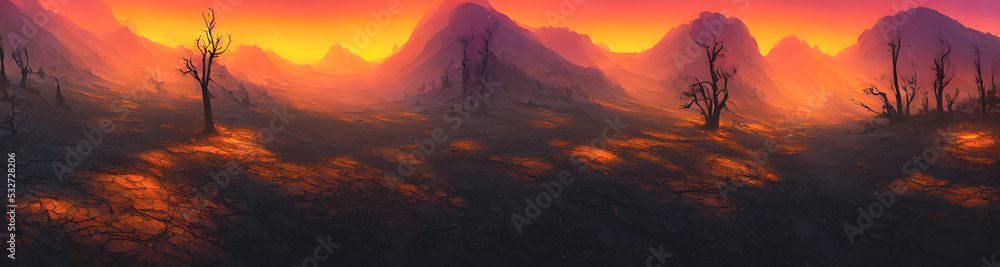 Artistic concept painting of a devastated land by climate change, background 3d illustration.
