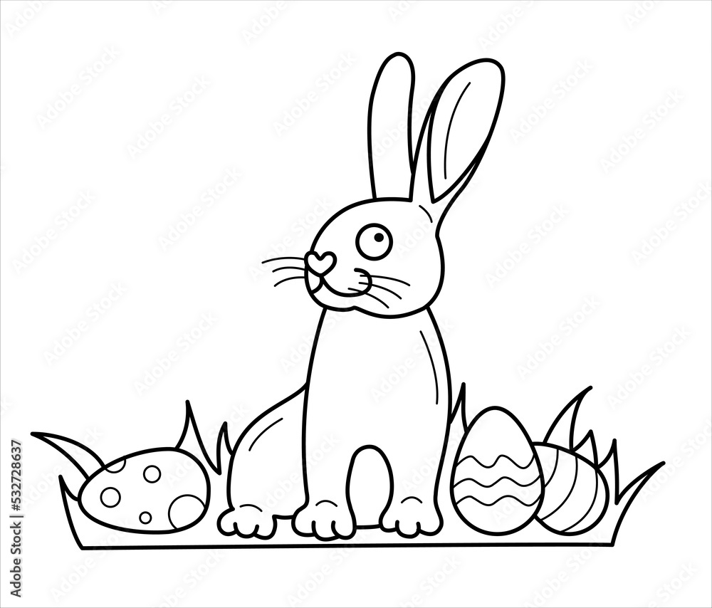 Obraz premium Isolated vector hare with eggs in the grass with black line stroke. Easter, spring, summer theme.