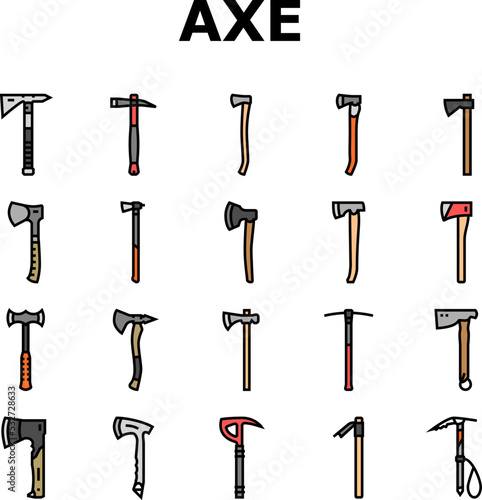 axe ax hatchet wood weapon icons set vector. tool equipment, blade lumberjack, tree, work forest, wooden steel, lumber sharp axe ax hatchet wood weapon color line illustrations