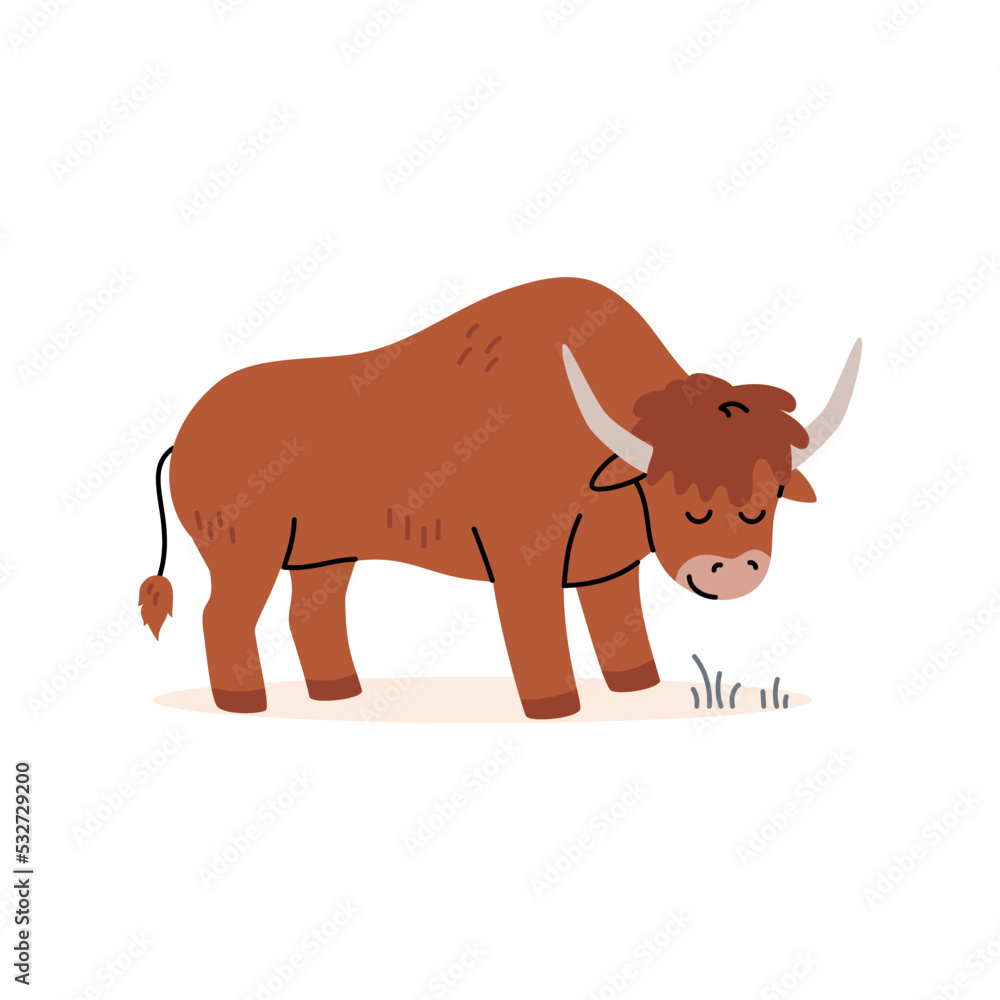 Fototapeta premium Cute brown yak. Vector illustration. Funny hand drawn safari character. Happy buffalo isolated on white background.