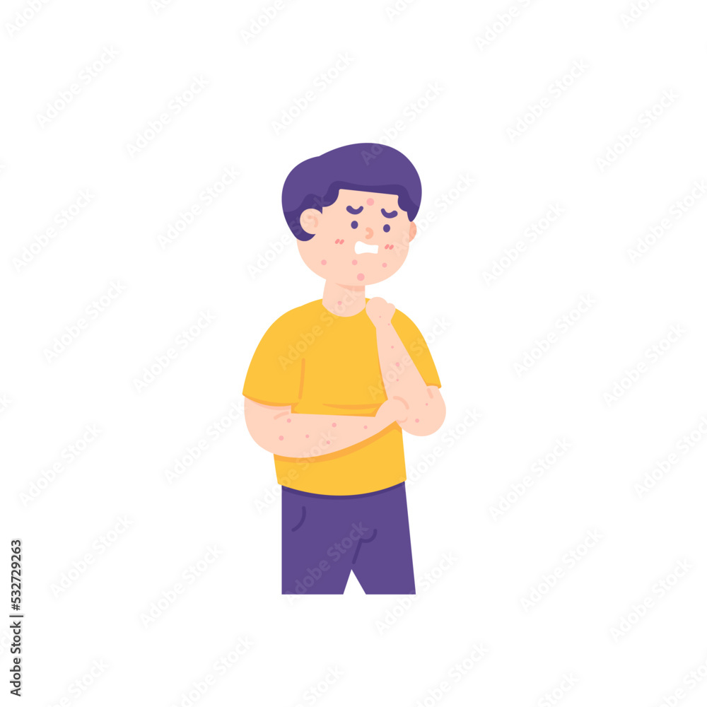 a boy scratched his hand because he felt itchy. itchy rash. symptoms of skin disease, chickenpox, prurigo, monkeypox, allergies. health problems and disease. cartoon character illustration design