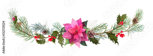 Fototapeta Naklejka Na Ścianę i Meble -  Panoramic view with pink poinsettia flower (New Year Star), pine branches, cones, holly berry. Horizontal border for Christmas on white background. Realistic illustration in watercolor style. Vector