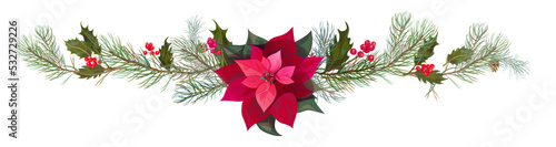 Panoramic view with red poinsettia flower (New Year Star), pine branches, cones, holly berry. Horizontal border for Christmas on white background. Realistic illustration in watercolor style. Vector
