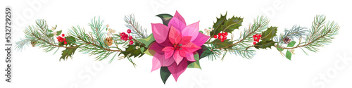 Panoramic view with pink poinsettia flower (New Year Star), pine branches, cones, holly berry. Horizontal border for Christmas on white background. Realistic illustration in watercolor style. Vector