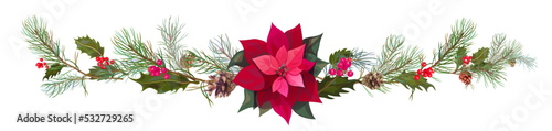 Panoramic view with red poinsettia flower (New Year Star), pine branches, cones, holly berry. Horizontal border for Christmas on white background. Realistic illustration in watercolor style. Vector