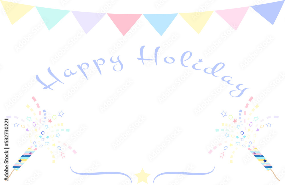 Happy Holiday congratulation banner design Text, fireworks and garland Party holiday background template.