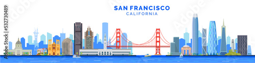 San Francisco city skyline colorful vector graphics flat trendy illustration, california