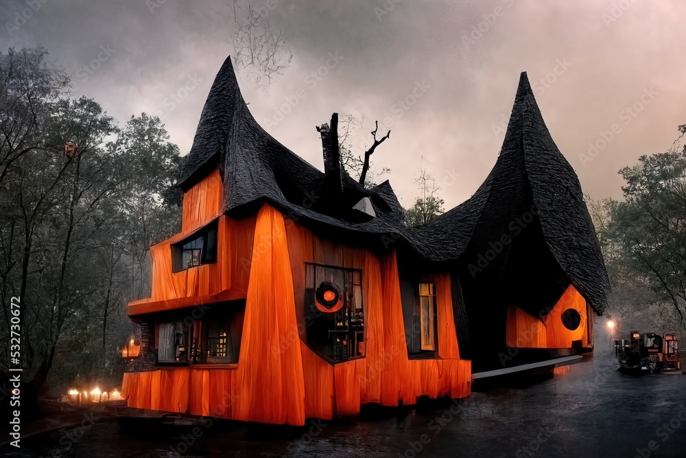 Obraz premium Black and orange house with Halloween theme, 3d render