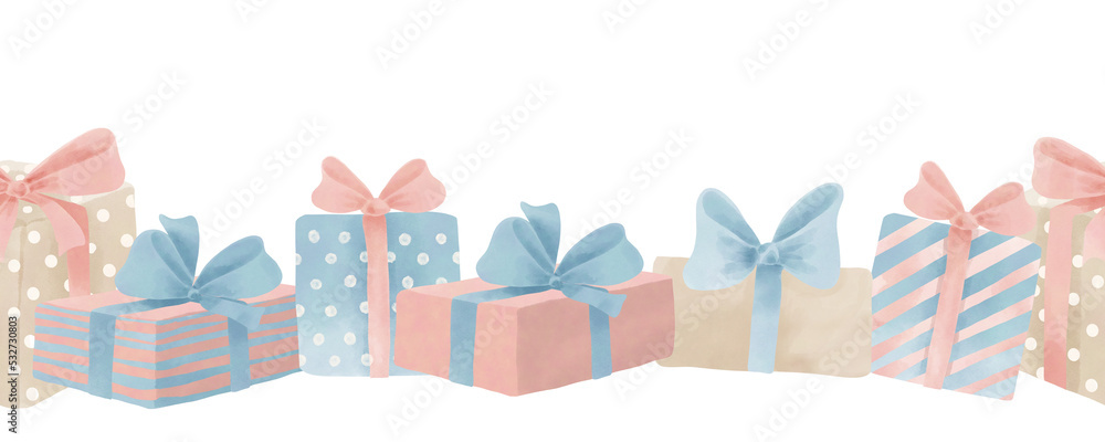 Gift Box Pattern. Watercolor seamless background with Giftboxes for banner or greeting cards. Hand drawn Border with Presents for Birthday party or Christmas in cute pastel pink and blue colors
