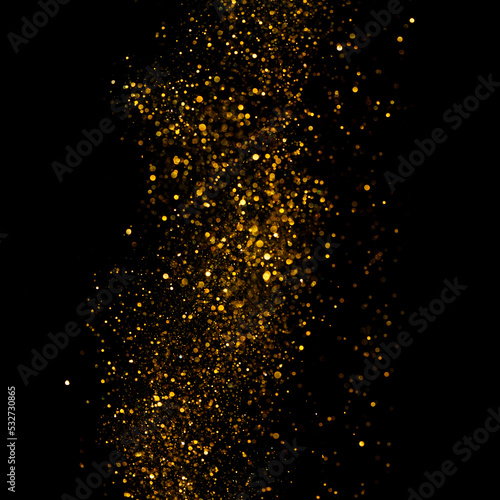 Golden glitter and bokeh rain border abstract design element isolated on black background