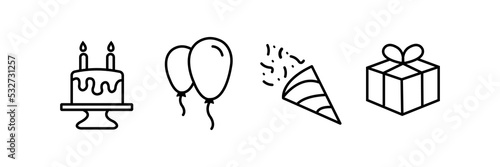 Editable black stroke line icon set of a birthday party kit with a decorated cake with candles, two balloons a confetti popper and a wrapped present with a ribbon in a 3d box in a eps vector graphic