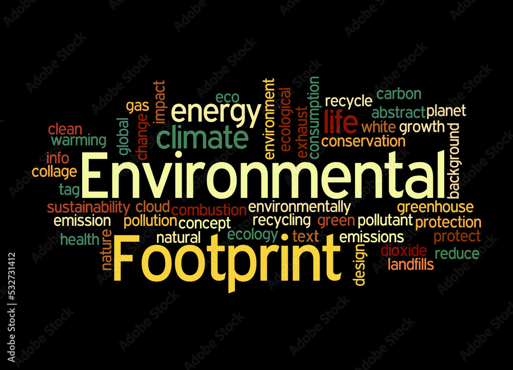 Word Cloud with ENVIEONMENTAL FOOTPRINT concept, isolated on a black background Word Cloud with ENVIEONMENTAL FOOTPRINT concept, isolated on a black background