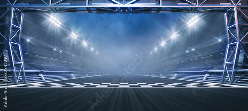 Racing track and checked finish line with metal gate and floodlights illuminated sport stadium at night. Professional digital 3d illustration of racing sports.
