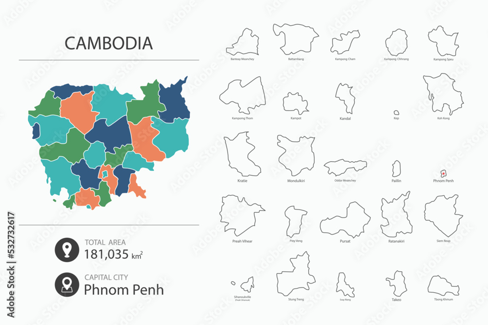 Fototapeta premium Map of Cambodia with detailed country map. Map elements of cities, total areas and capital.