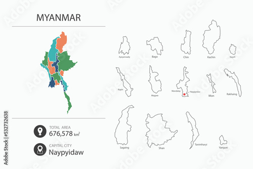 Map of Myanmar with detailed country map. Map elements of cities, total areas and capital.