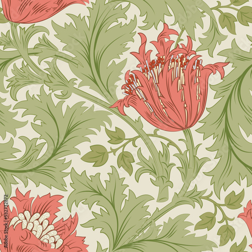 Floral seamless pattern with big pink poppy with green foliage on light backg...