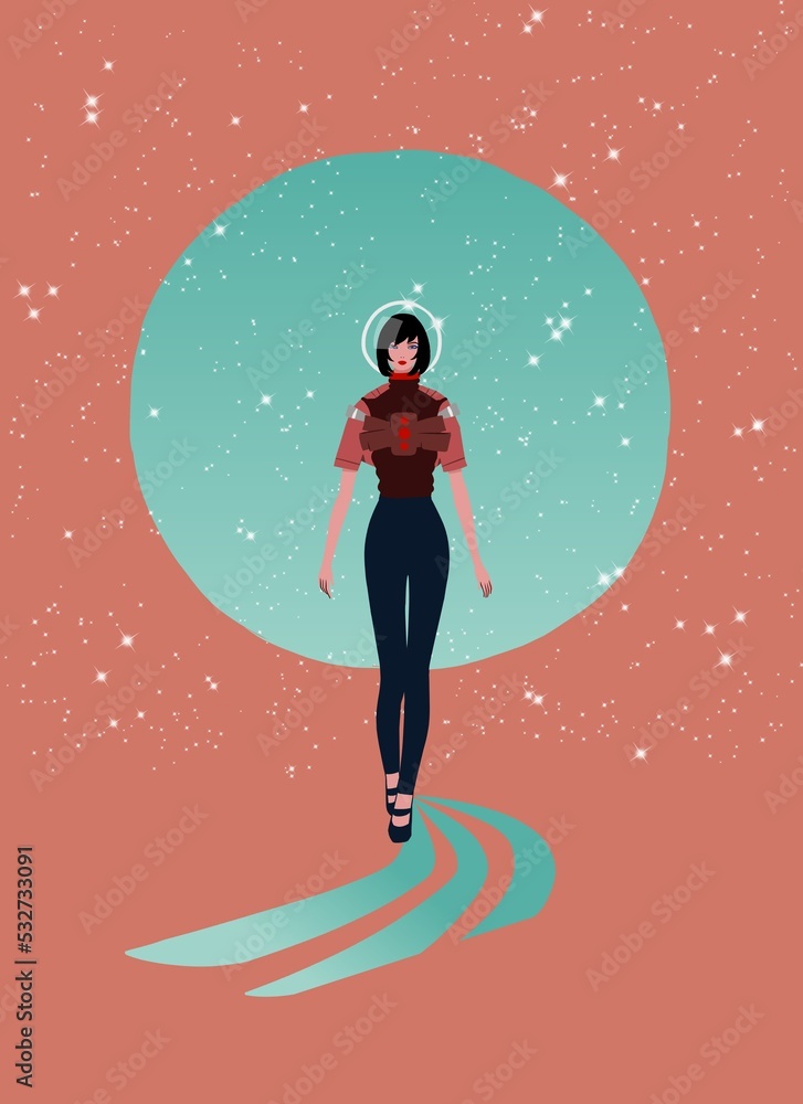 Space fashion catwalk promenade, futuristic fashion illustration, woman