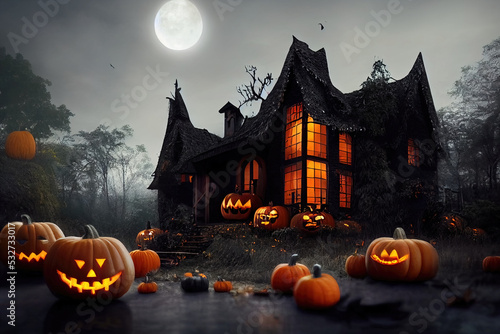 Black and orange house with Halloween theme, 3d render