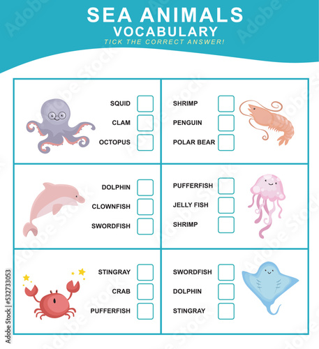 English vocabulary worksheet for toddlers. Introduction worksheet to sea animals for children. Educational worksheet game. Vector illustration file. 