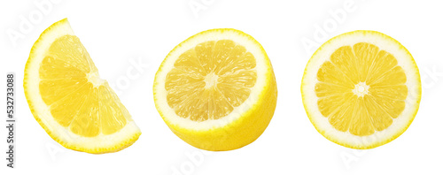 lemon slice and half isolated on white background, Fresh and Juicy Lemon, set