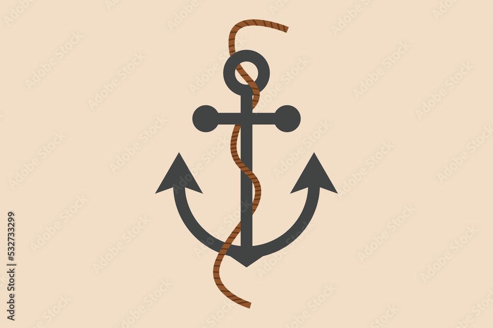 Anchor with rope for stopping cruise ship. Shipment and logistic concept. Colored flat vector illustration. Anchor with rope for stopping cruise ship. Shipment and logistic concept. Colored flat vector illustration.