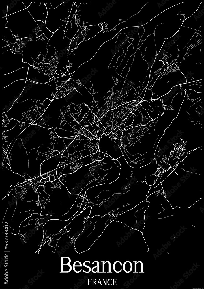 Black and White city map poster of Besancon France.