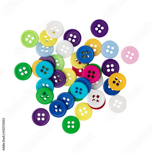 many colorful plastic sewing buttons isolated on white background, top view