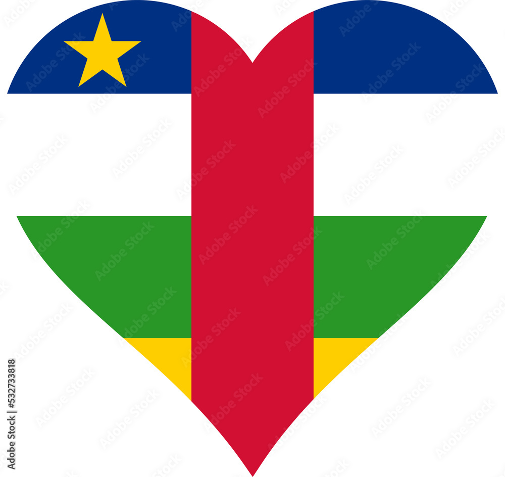 Central African Republic Heart Flag. Transparent PNG flattened JPEG JPG. CAR Love Shape Country Nation National Flag. Centrafrique Banner Icon Sign Symbol.