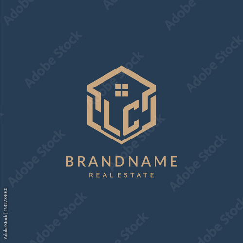 Initial letter LC hexagonal house roof shape icon logo design