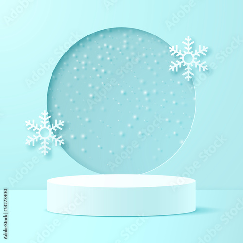 Winter podium 3D platform with a background of snow and snowflakes.