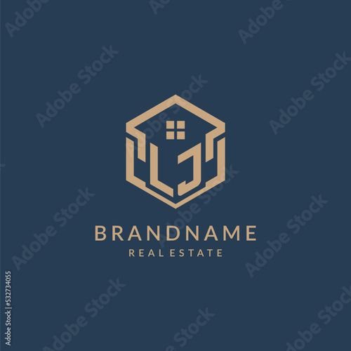 Initial letter LJ hexagonal house roof shape icon logo design