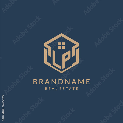 Initial letter LP hexagonal house roof shape icon logo design