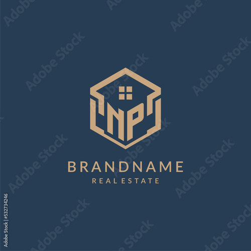 Initial letter NP hexagonal house roof shape icon logo design