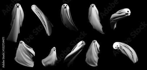 Halloween background. Set of ghosts isolated on black. 3D render illustration.