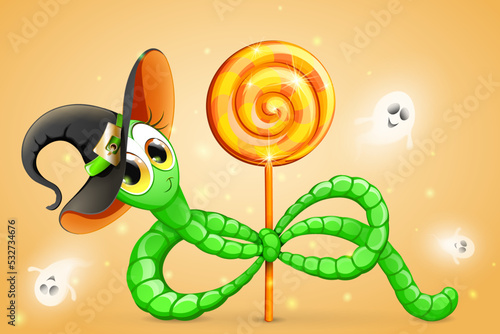 Cute cartoon Funny green worm in Witch hat holding lollipop with flying ghosts. Halloween concept 