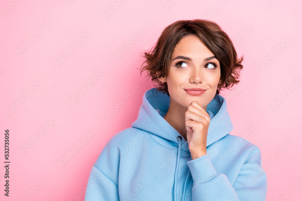 Photo of sweet lovely pretty lady look up empty space hand touch face imagine dream wear blue clothes isolated on pink color background Photo of sweet lovely pretty lady look up empty space hand touch face imagine dream wear blue clothes isolated on pink color background