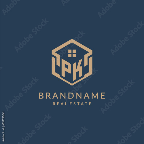 Initial letter PK hexagonal house roof shape icon logo design