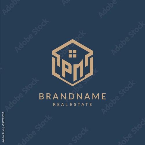 Initial letter PM hexagonal house roof shape icon logo design