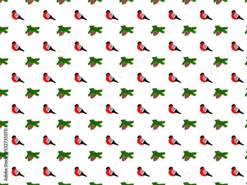 christmas and New Year pattern of bullfinches and a pine branch on a white background
