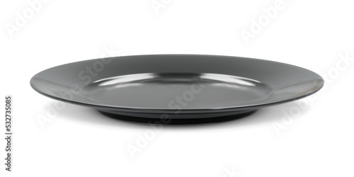 Black round empty plate side view isolated on white background