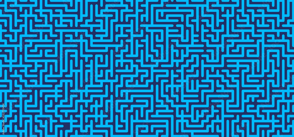 Education logic, labyrinth line. Blue, gray square maze. Vector. Find the way, labyrinth riddle. Black, white geometric pattern. labyrinth design icon. Maze tangled lines. Thinking game banner