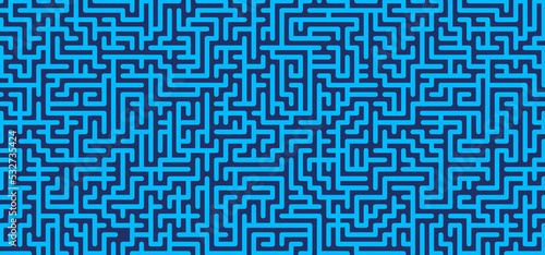 Education logic, labyrinth line. Blue, gray square maze. Vector. Find the way, labyrinth riddle. Black, white geometric pattern. labyrinth design icon. Maze tangled lines. Thinking game banner
