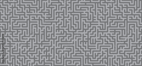 Education logic, labyrinth line. Black, gray square maze. Vector. Find the way, labyrinth riddle. Black, white geometric pattern. labyrinth design icon. Maze tangled lines. Thinking game banner