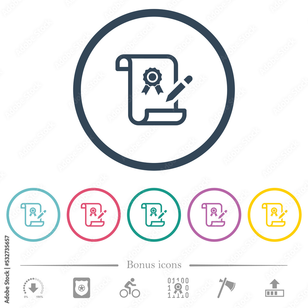Signing certificate flat color icons in round outlines Signing certificate flat color icons in round outlines