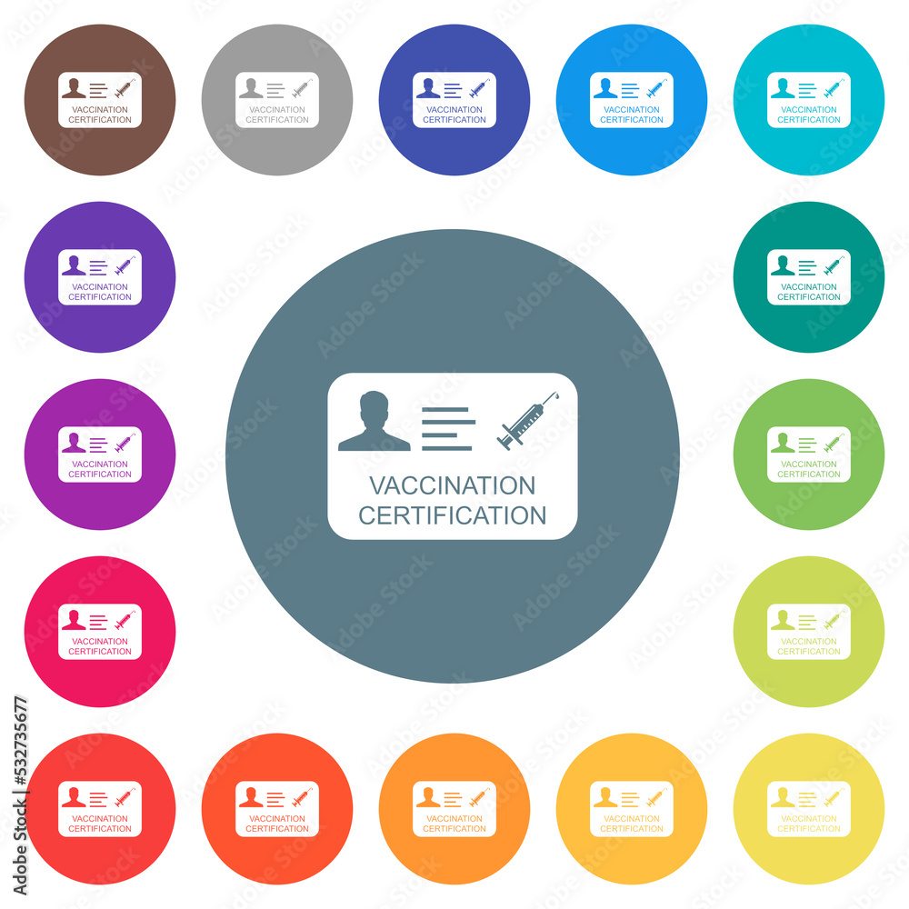 Vaccination certification flat white icons on round color backgrounds Vaccination certification flat white icons on round color backgrounds