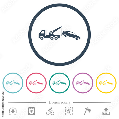 Car towing flat color icons in round outlines