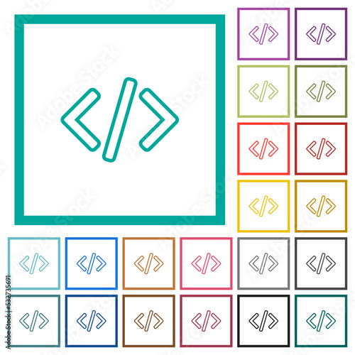 Script code outline flat color icons with quadrant frames