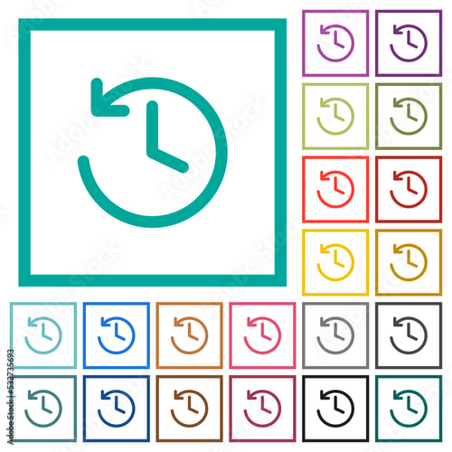 Circle shaped backward arrow and clock flat color icons with quadrant frames