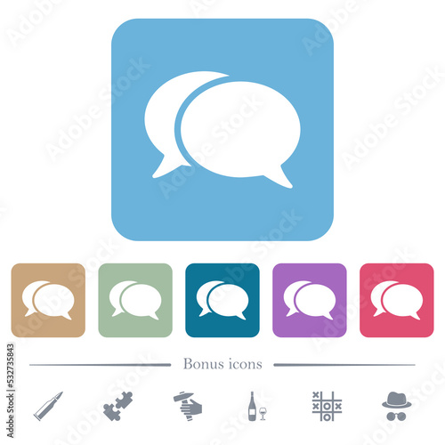 Two oval chat bubbles solid flat icons on color rounded square backgrounds